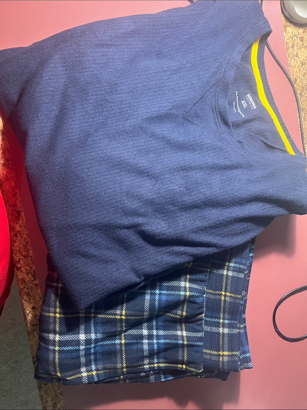 Sonoma Navy Crewneck with Blue and Yellow Plaid Pants pajama set